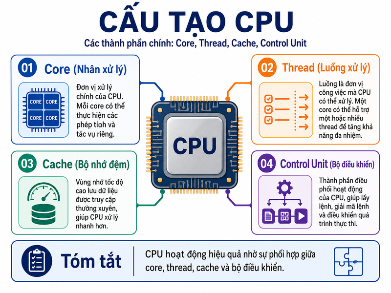 CPU gồm nhiều thành phần quan trọng như nhân xử lý, luồng, bộ điều khiển, bộ nhớ đệm và thanh ghi.