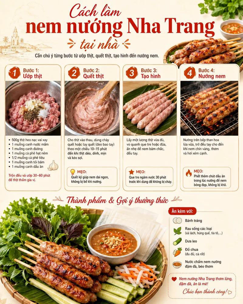 Làm nem nướng Nha Trang tại nhà cần chú ý từng bước từ ướp thịt, quết thịt, tạo hình đến nướng nem.