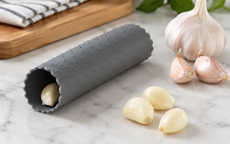 Ống silicone giúp bóc tỏi nhanh bằng ma sát mà không làm dập phần thịt bên trong.